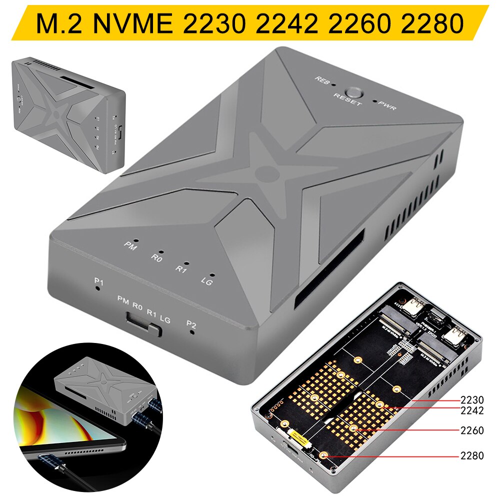 M.2 NVME SSD RAID 듀얼 베이 SSD 케이스 지지대, M.2 Nvme 2230 2242 2260 2280 SSD 하드 디스크 박스 TYPE-C USB 3.2 GEN2 20Gbps
